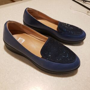 Fitflop Women's Crystal Loafer sz 8.5 M Slip On Flats Blue Sparkle Shoes